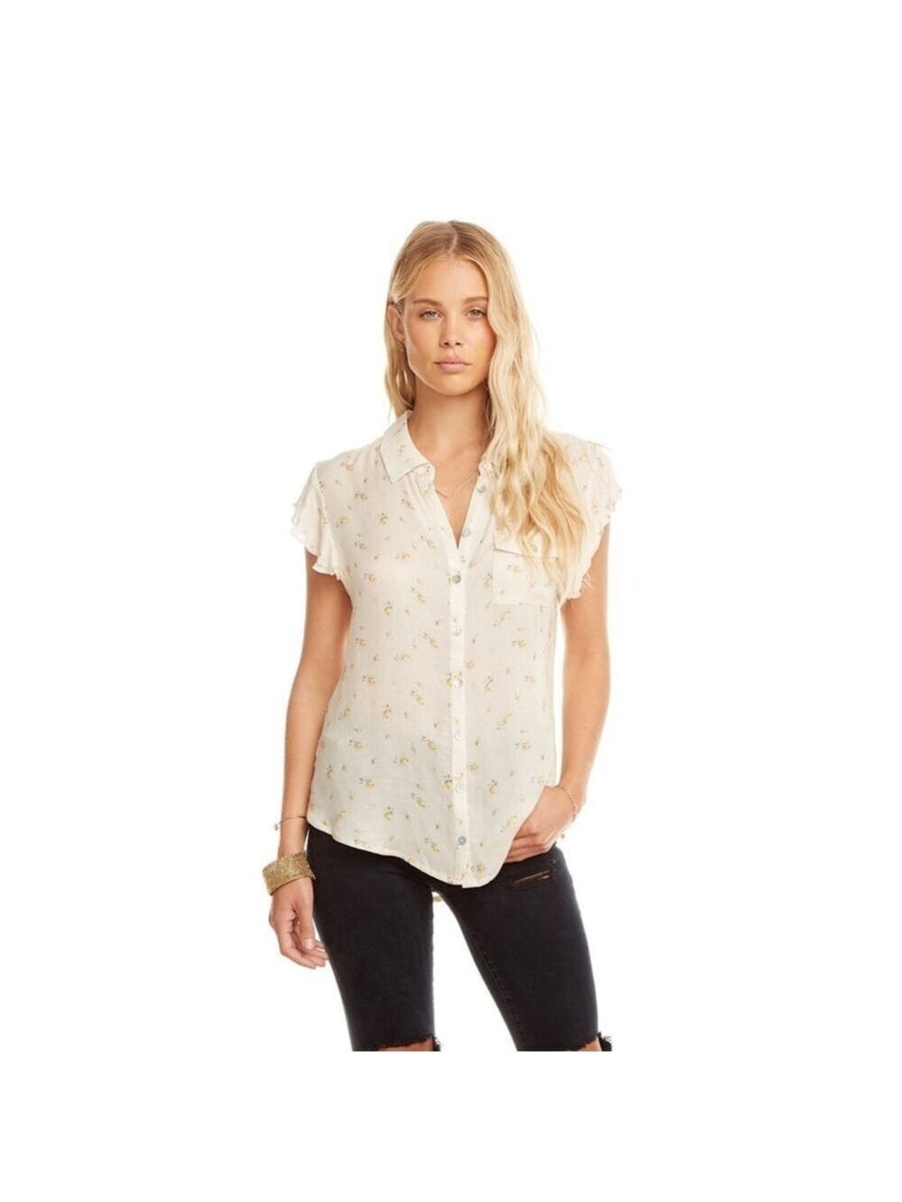 Women's Chaser Cream Yellow Floral Ruffle Sleeve Button Down Shirt M